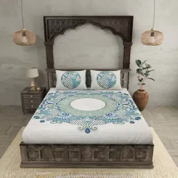 JaipurFabric Blue & Green Pure Cotton 280 TC Cosmic Kolam Double Bedsheet with 2 Pillow Covers-image-28