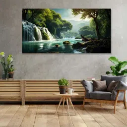 Nestroots Multicolor Canvas Enchanted Forest Waterfall Serenity Wall Painting - Single Frame-61