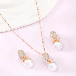 Peora Rose Gold Plated Contemporary CZ Stud Pendant & Earring-49