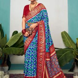 Saree Mall Blue & Red Silk Printed Saree With Unstitched Blouse-image-31