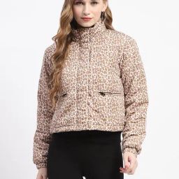 MADAME Beige & Brown Animal Print Puffer Jacket-image-72
