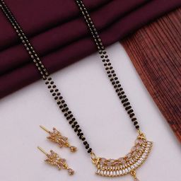 SOLIBELLE Gold Plated American Diamond Studded & Beaded Mangalsutra With Earrings-image-75