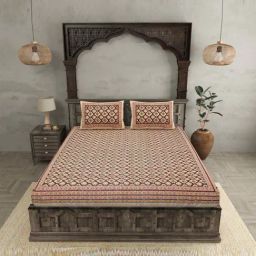 JaipurFabric Brick Red Pure Cotton 210 TC Floret Retro Double Bedsheet with 2 Pillow Covers-33