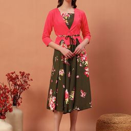 Rudraaksha Creations Floral Print Crepe A-Line Dress-image-4