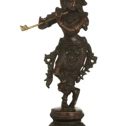 Exotic India Brown Krishna Playing On Flute Religious Idol Showpiece-0
