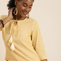 Taavi Mustard Woven Legacy Pure Cotton Striped Keyhole Neck Cotton Top-10