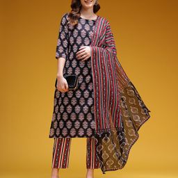 HERE&NOW Ethnic Motifs Print Regular Pure Cotton Kurta with Trousers & Dupatta-24