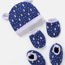 Babyhug 100% Cotton Knit Ear Applique Cap Mittens & Booties Set Penguins Printed Navy - Diameter 9.5-28