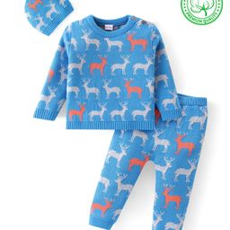 Babyhug Organic Cotton Knit Full Sleeves Baby Sweater Set with Cap & Reindeer Design - Blue-image-77