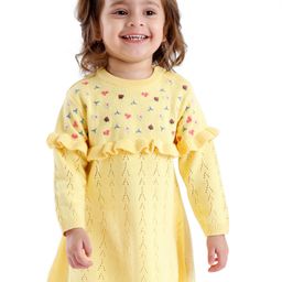 Babyoye Eco-Conscious Cotton Full Sleeves Woolen Dress with Floral Design - Yellow-image-45