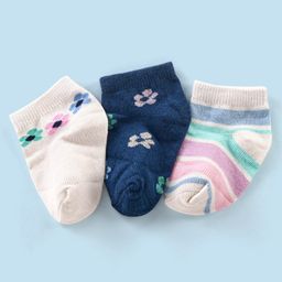 Honeyhap Premium Cotton Bamboo Non Terry Ankle Length  Socks Pack of 3 - White & Navy Peony-image-75