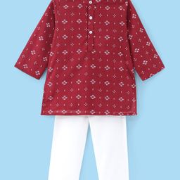 Babyhug 100% Cotton Full Sleeves Floral Printed Kurta Pyjama Set - Maroon-image-90