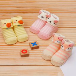 Yellow Bee Pack Of 3 Puppy Deer & Duck Printed With Striped Detailed Anti Skid Socks - Pink Yellow & Peach-image-58