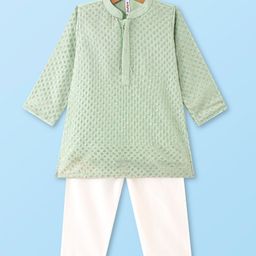 Babyhug Full Sleeves Kurta Payjama Set with Sequined  & Embroidery Detailing - Green-image-24