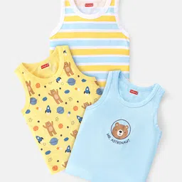 Babyhug 100 % Cotton Knit Sleeveless Sando with Striped & Teddy  Print Pack Of 3 - Yellow & Blue-picture-13