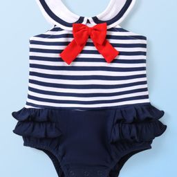 Babyhug 100% Cotton Knit Sleeveless Frock Style Onesie with Striped & Bow Detailing - Navy Blue-image-61
