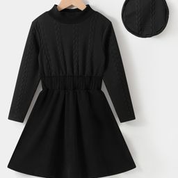 Kookie Kids Full Sleeves Solid Party Dress with High Neck - Black-image-5