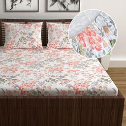 Divine Casa 144 TC 100% Cotton Floral Print Peach Super Soft Fitted Bedsheets for Double Bed - 200 x 150 CM-23