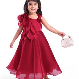 Babyhug Woven Sleeveless Fit and Flare Party Gown  With Leaf and Floral Applique- Maroon-image-2