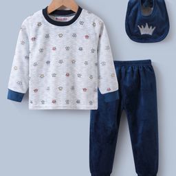 Kookie Kids Full Sleeves Winter Wear Suit with Bib Crown Print- White & Navy Blue-image-54