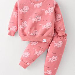 Teddy Cotton Fleece Knit Full Sleeves Winterwear T-Shirt & Lounge Pant Set with Tiger Print - Peach-image-104