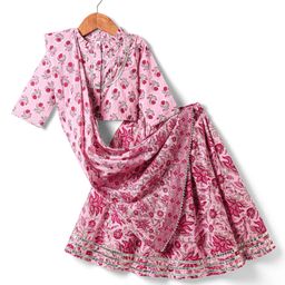 Babyhug Cotton Woven Three Fourth Sleeves Cambric Choli Lehenga Set And Dupatta with Floral Print - Pink-image-92