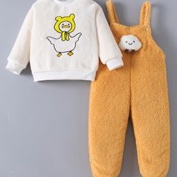 Kookie Kids Full Length Fur Dungaree & Full Sleeves T-Shirt with Duck Embroidery & Applique - Mustard-image-14