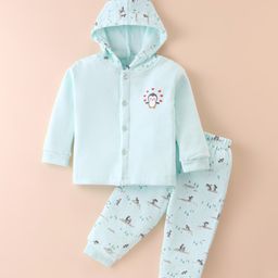 Tango Fleece Knit Full Sleeves Hooded Front Open Winter Night Suit With Penguins Print - Light Blue-image-73