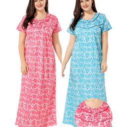 Piu Cotton Pack Of 2 Half Sleeves Floral Printed Front Open Plus Size Nighties - Pink & Blue-image-69