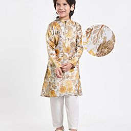 EARTHY TOUCH Woven Full SleevesKurta Pyjama Set with Floral Print - Yellow-image-89