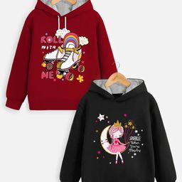 Trampoline Fleece Pack Of 2 Full Sleeves Princess & Typography Printed Hooded Sweatshirts - Maroon & Black-picture-18