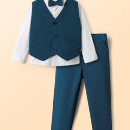 Babyhug Knit Full Sleeves 3 Piece Party Suit Set With Bow - Teal Blue & White-image-114