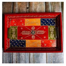 Swadeshi Blessings Wooden Tray for Serving- Handcrafted & Hand-Painted for Kitchen/Table & Home Decor/Gifts, Antiqye Red Tray small-89