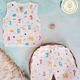 A Toddler Thing 100% Muslin Organic Cotton Sleeveless Nemericals Printed Jabla & Coordinating Shorts Set - White-image-88