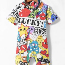 KIDLINGSS Half Sleeves Lucky Race Text Printed Legged Swimsuit - Multi Colour-image-65