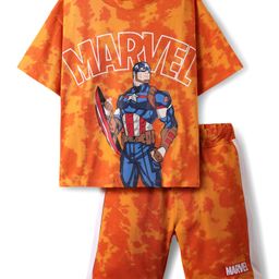 Pine Kids Marvel Single Jersey Knit Half Drop Shoulder Sleeves T-Shirt & Cut & Sew Shorts Set With Avengers Graphics Badge & Tie & Dye Detailing - Orange-image-17