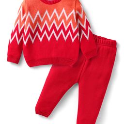 Babyhug Knitted Full Sleeves Sweater Set with Chevron Design - Red-image-110