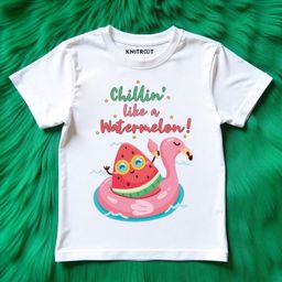 KNITROOT Cotton Summer Theme Half Sleeves Chillin Like A Watermelon Text Printed Tee - White-image-43