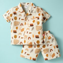 Mini Taurus Cotton Woven Half Sleeves Shorts Co-Ord Night Suit With Snacks Print - Rust-image-81