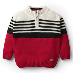 Babyhug Knitted Full Sleeves Pullovers with Color Block & Stripe Design - Red Black & White-image-4