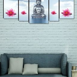 SAF Blue & Grey 5 Piece Buddha Printed Wooden Wall Arts-image-86