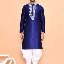 Arihant Rai Sinha Men Ethnic Motifs Yoke Design Regular Thread Work Dupion Silk Kurta with Dhoti Pants-picture-6