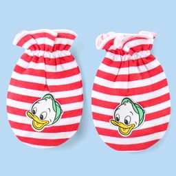 Babyhug Disney Interlock Knit Striped Cap Mittens & Booties Set with Donald Duck Graphics - Red & White image 3