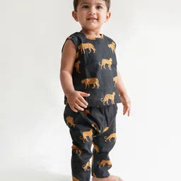 Tiber Taber Boys Black Cheetah Print Jhabla Set-picture-2