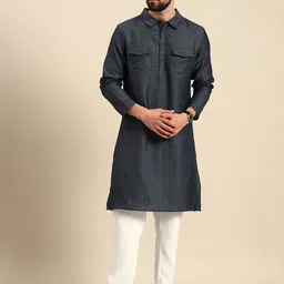 Anouk Men Navy Blue Self Design Pure Cotton Kurta with Trousers-30