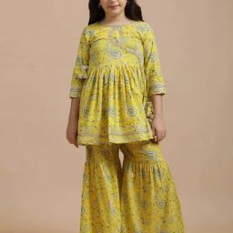 Jaipur Kurti Girls Yellow & Green Cotton Printed Suit Sets-image-71