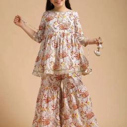 Jaipur Kurti Girls White & Red Cotton Floral Suit Sets-image-34