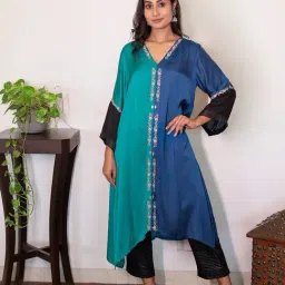 Spring Soul Teal Modal Regular Fit Embroidered Kurta-image-80