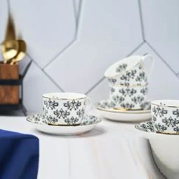 Golden Queens Black & White Ceramic Abstract Foliage Cup & Saucer - Set of 12-26