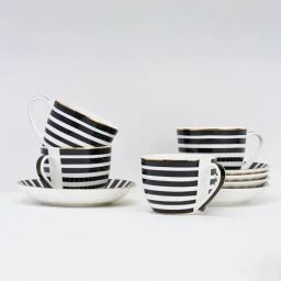 Golden Queens Black & White Ceramic Ikat Monochrome Stripes Cup & Saucer - Set of 12 image 2